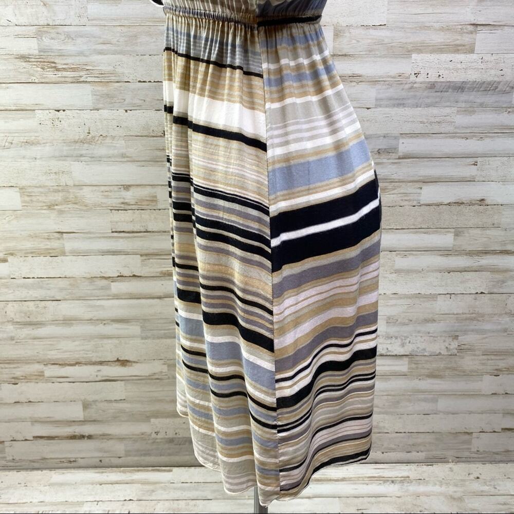Hale Bob Silk Blend Faux Wrap Dress Womens Size S Tan Black Striped - Picture 6 of 13